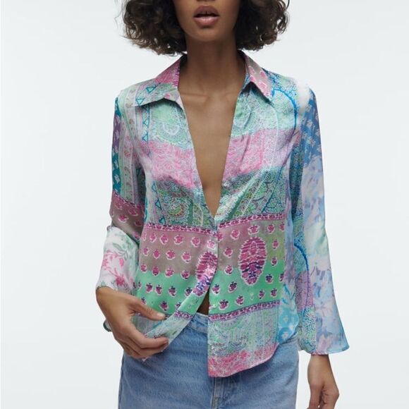 ZARA PATCHWORK PRINTED SHIRT MULTICOLORED - Picture 8 of 9